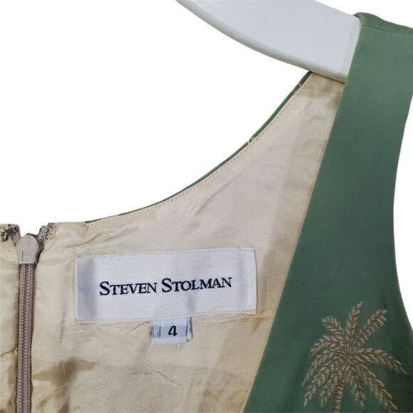 STEVEN STOLMAN Womens Dress 4 Princess Cut Green Palm Tropical Shift Embroidered - Picture 3 of 10